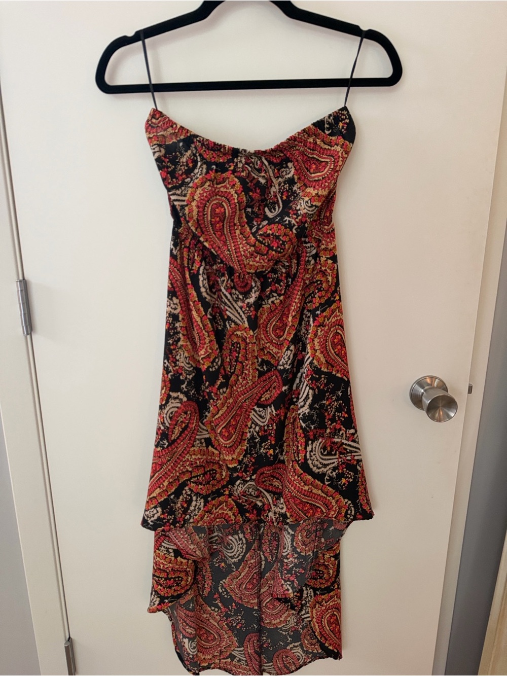 chic Red, Black and Gold Paisley High-Low Spaghetti Strap Dress
